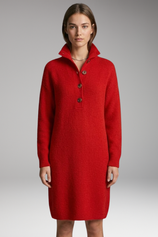 Women's Midi Dress with Button Collar and Straight Cut