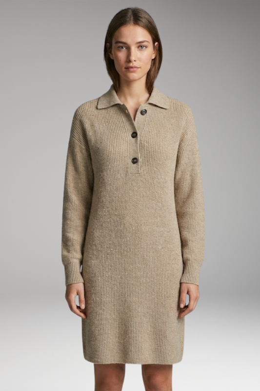 Women's Midi Dress with Button Collar and Straight Cut