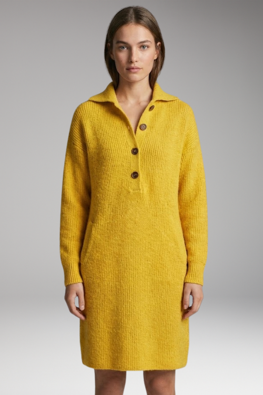 Women's Midi Dress with Button Collar and Straight Cut