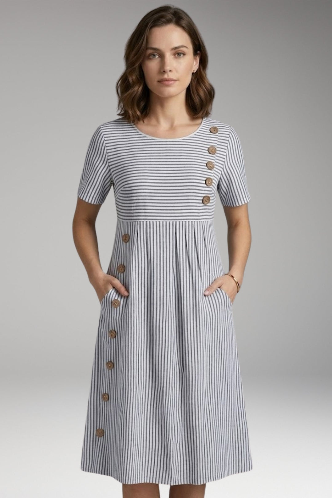 Women’s Midi Dress with Button Detail and Side Pockets