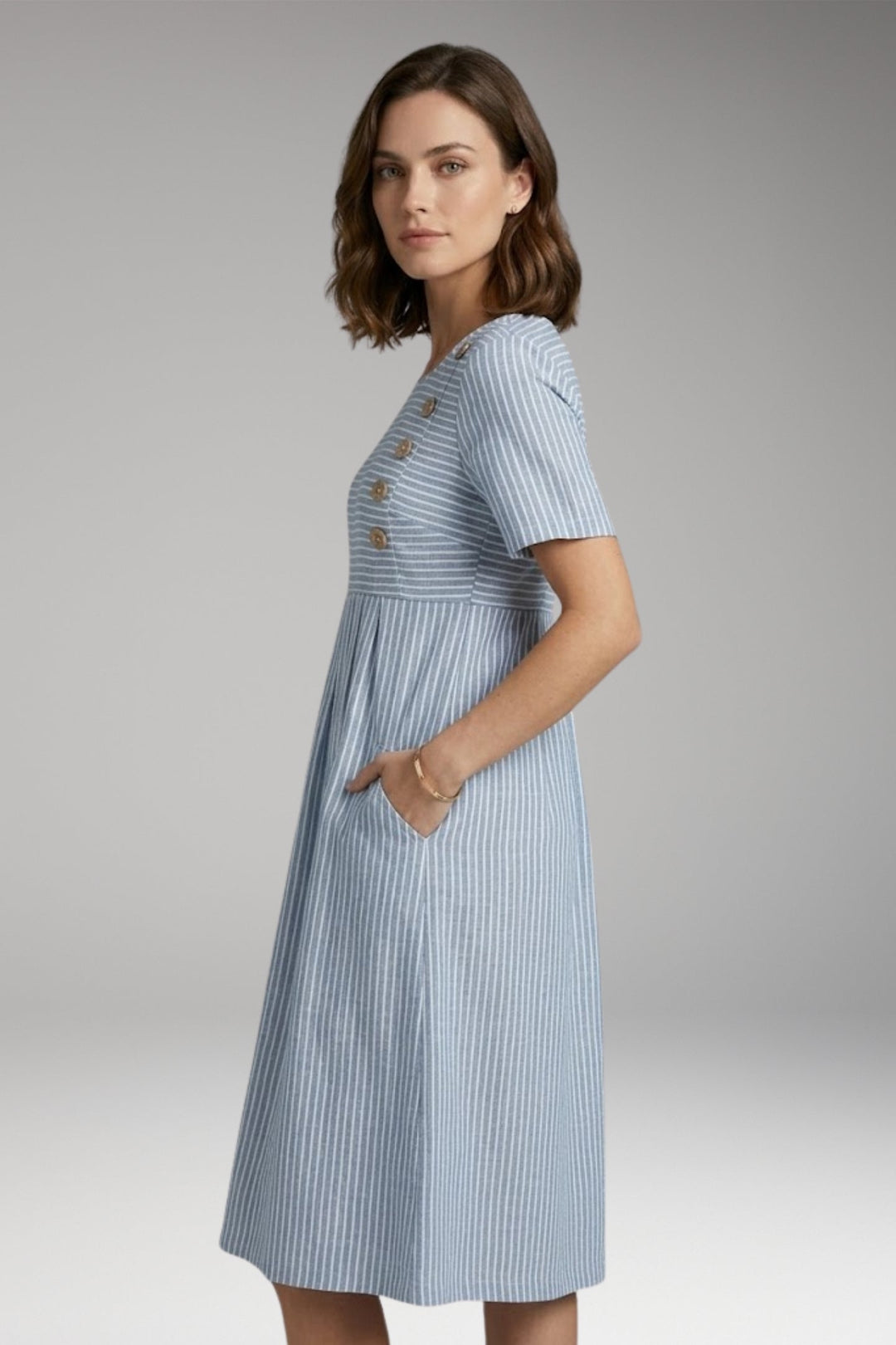 Women’s Midi Dress with Button Detail and Side Pockets