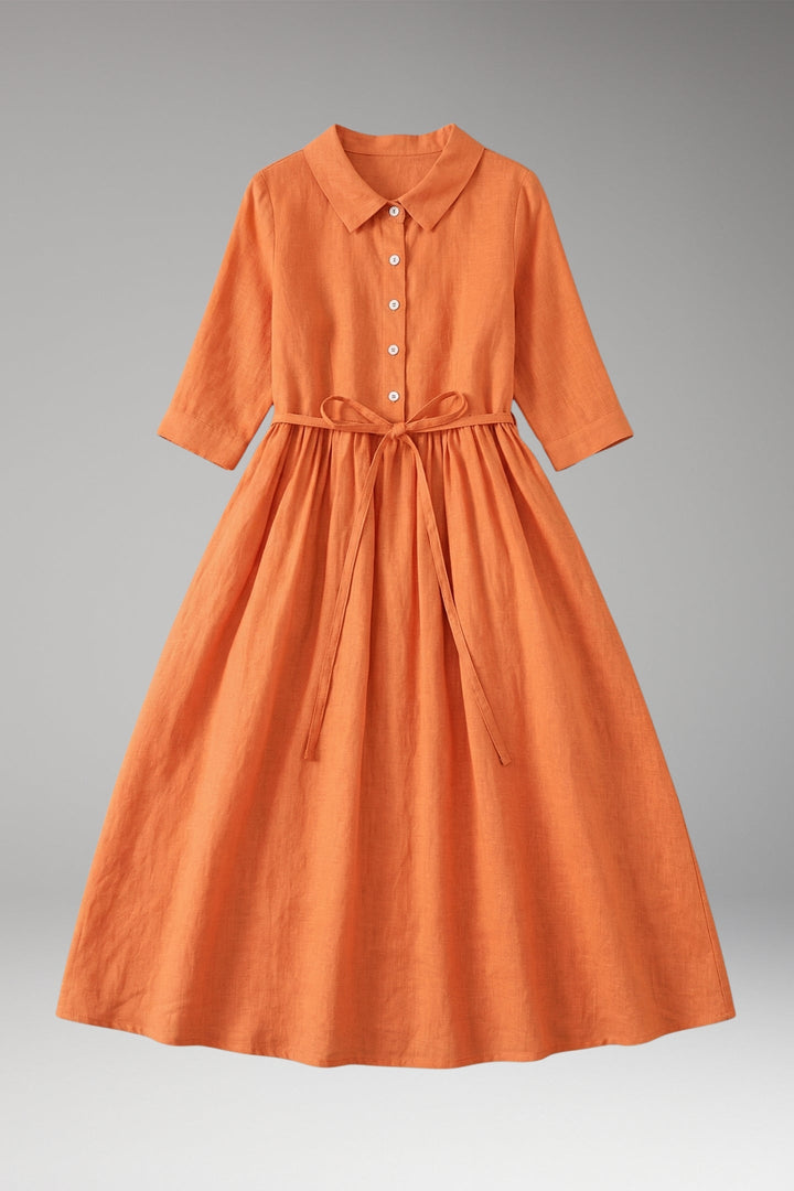 Women’s Midi Dress with Button Front and Drawstring Waist