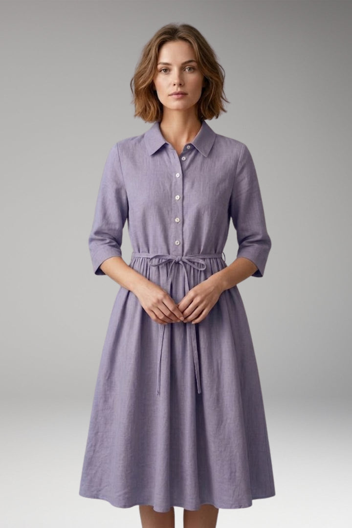 Women’s Midi Dress with Button Front and Drawstring Waist