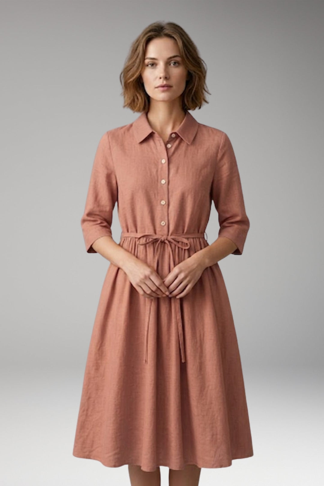 Women’s Midi Dress with Button Front and Drawstring Waist