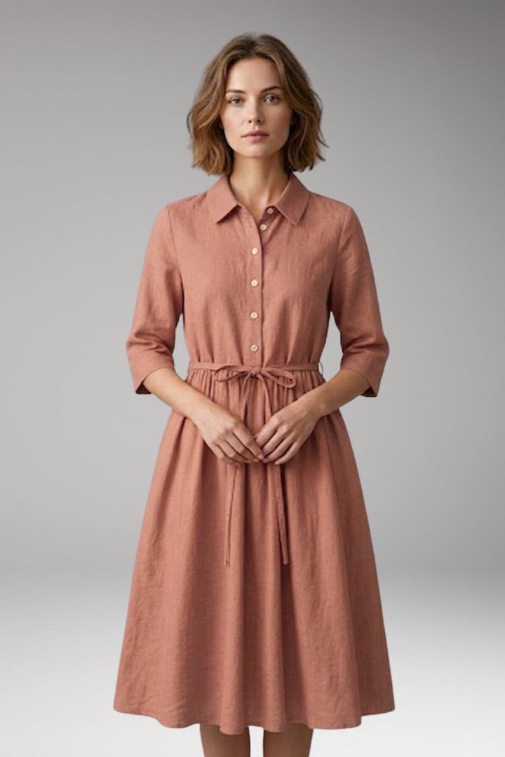 Women’s Midi Dress with Button Front and Drawstring Waist