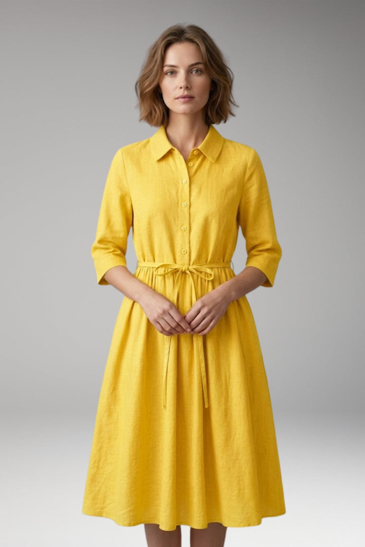 Women’s Midi Dress with Button Front and Drawstring Waist