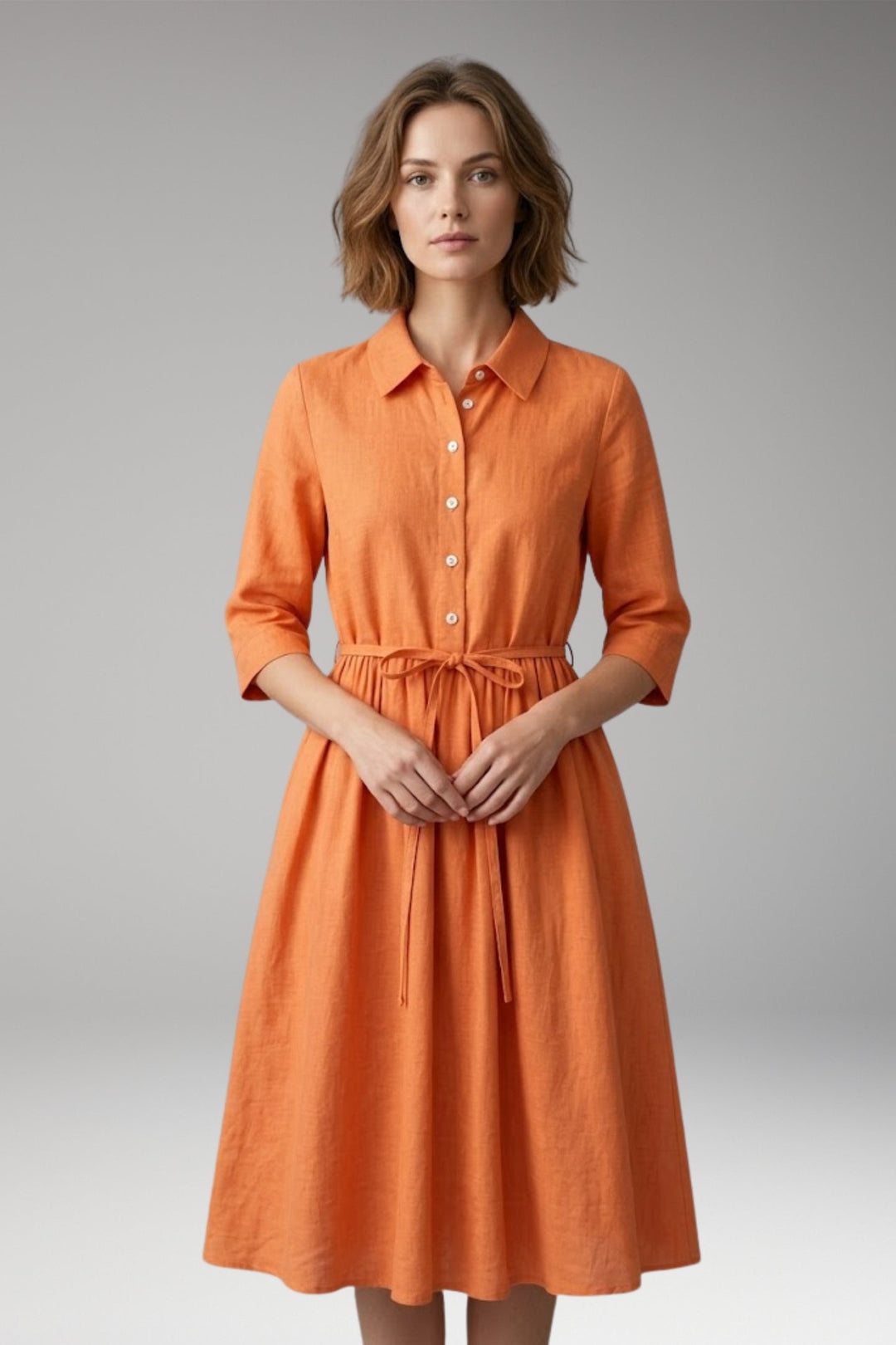 Women’s Midi Dress with Button Front and Drawstring Waist