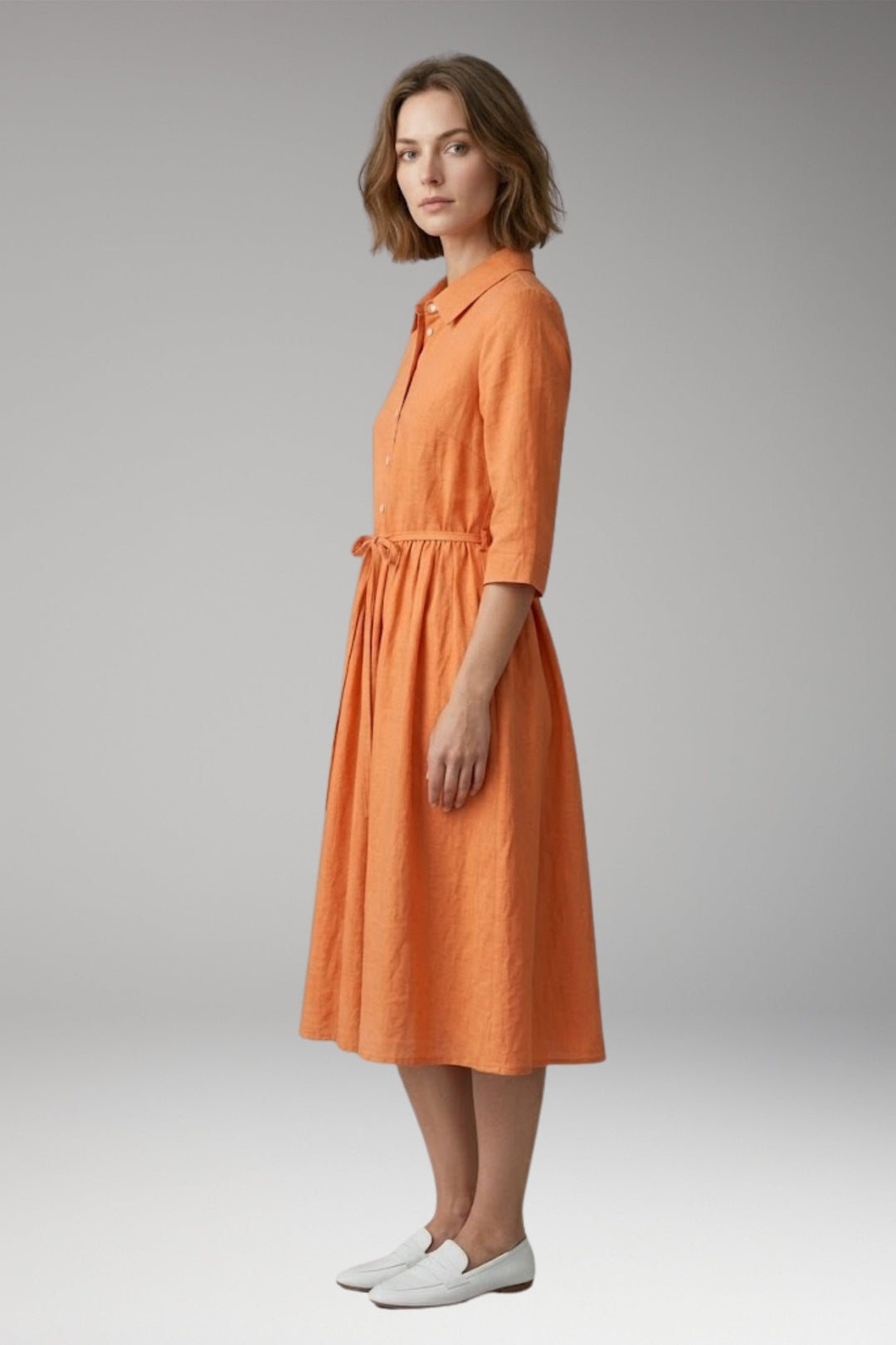 Women’s Midi Dress with Button Front and Drawstring Waist