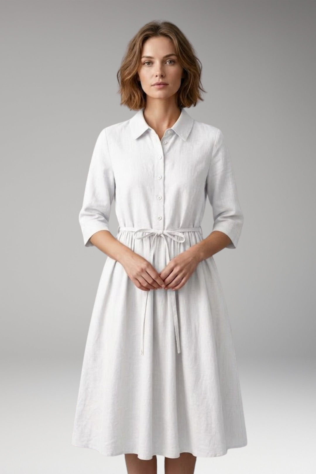 Women’s Midi Dress with Button Front and Drawstring Waist