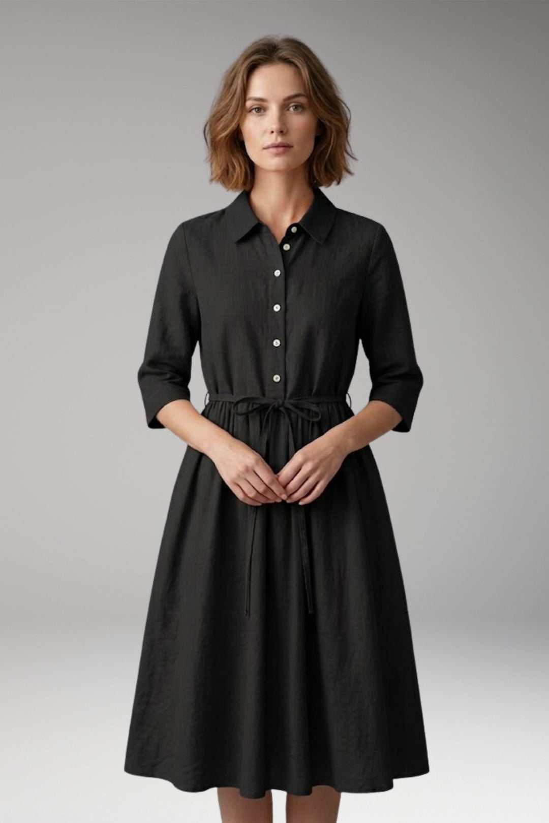 Women’s Midi Dress with Button Front and Drawstring Waist
