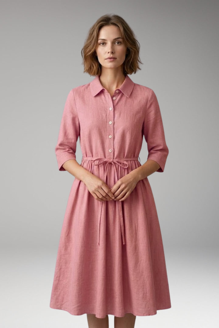 Women’s Midi Dress with Button Front and Drawstring Waist