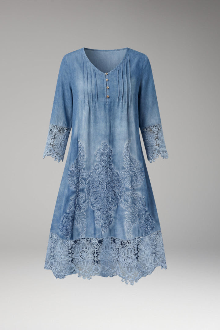 Women’s Midi Dress with Button Neck and Lace Trim