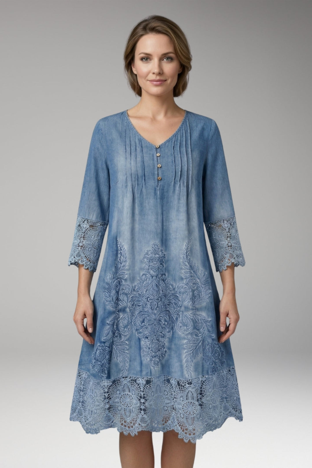 Women’s Midi Dress with Button Neck and Lace Trim