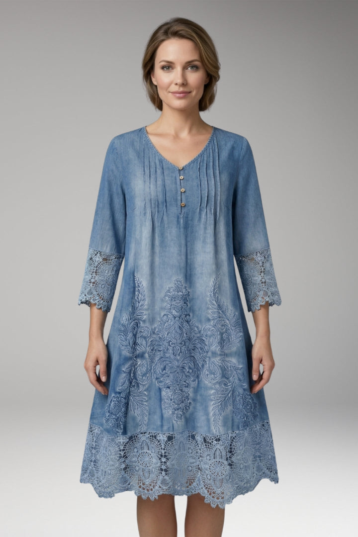 Women’s Midi Dress with Button Neck and Lace Trim