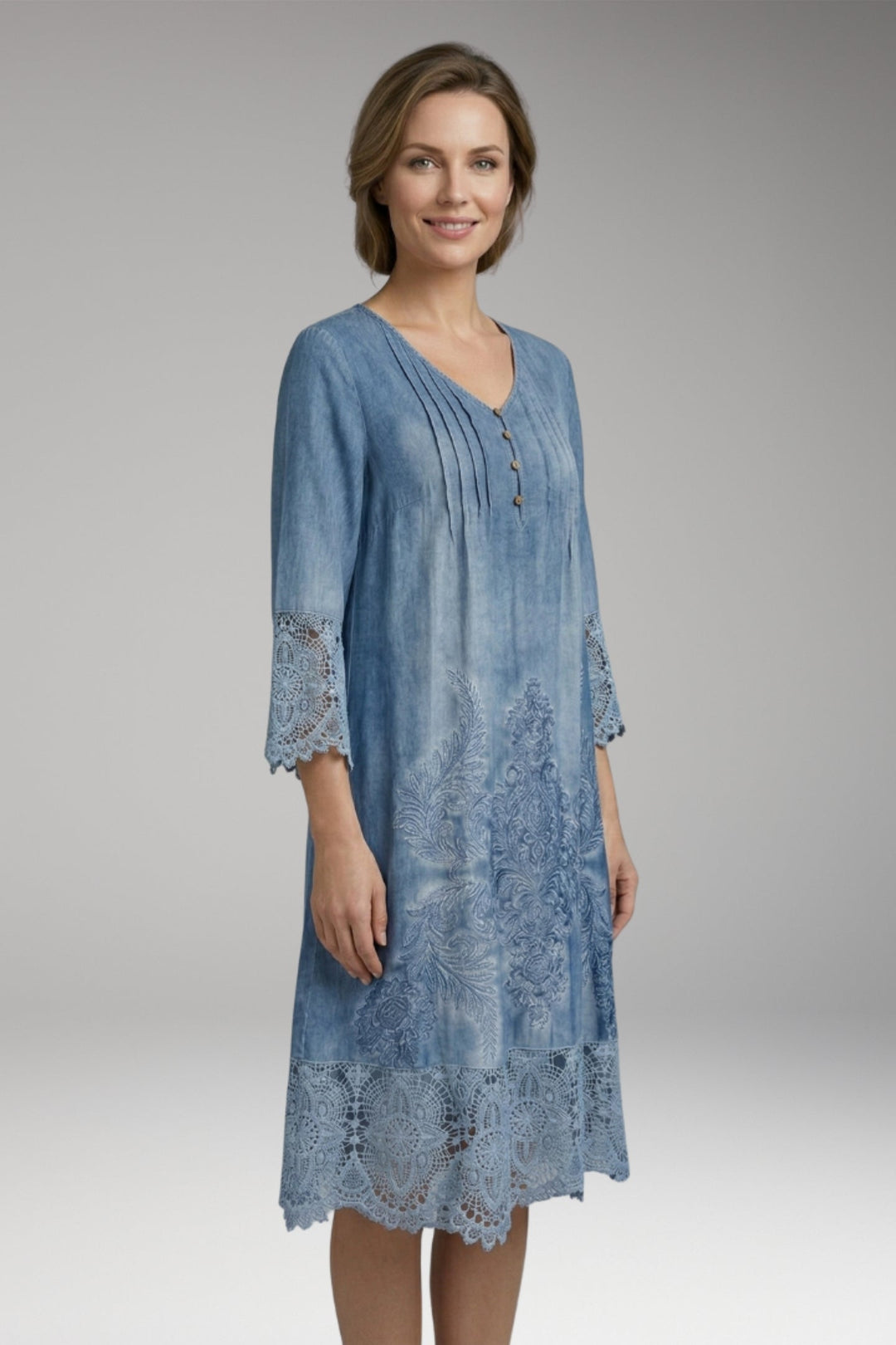Women’s Midi Dress with Button Neck and Lace Trim