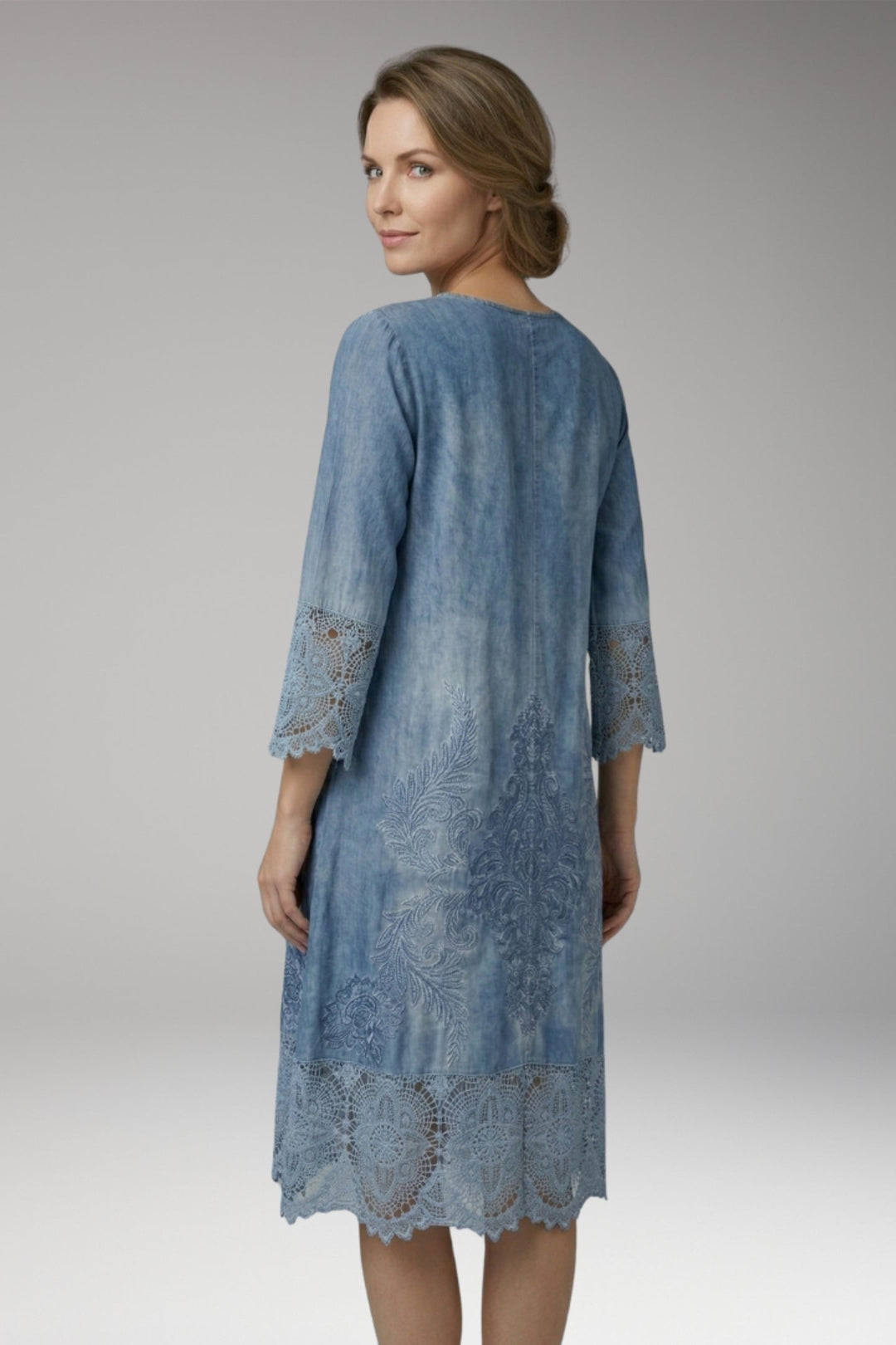 Women’s Midi Dress with Button Neck and Lace Trim