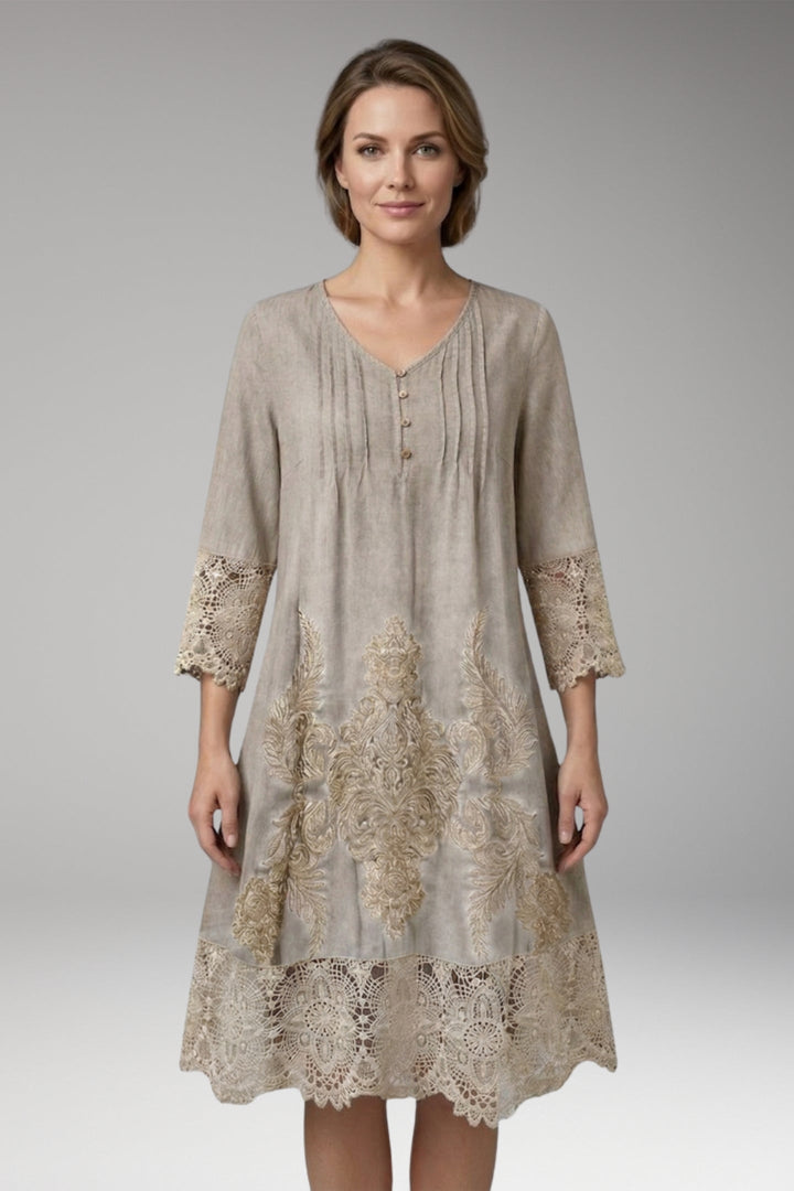 Women’s Midi Dress with Button Neck and Lace Trim