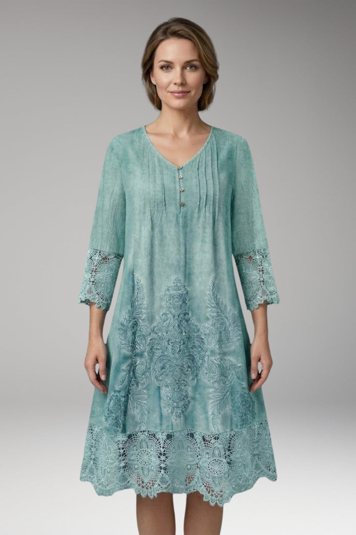 Women’s Midi Dress with Button Neck and Lace Trim