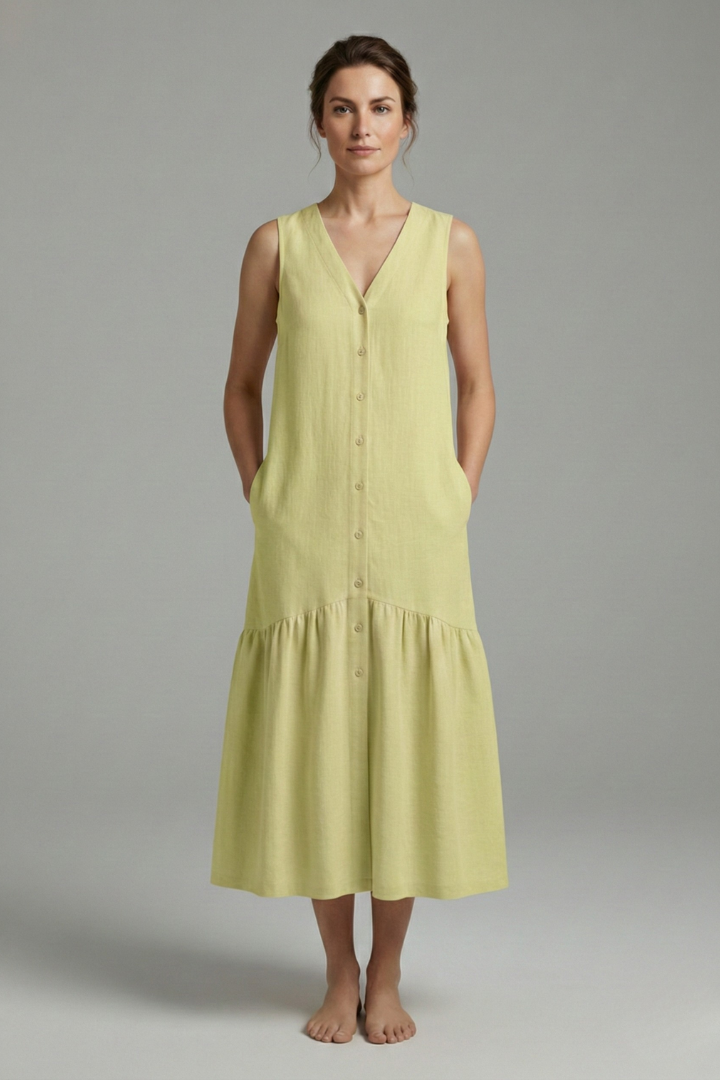 Women's Midi Dress with Button Placket and Relaxed Fit