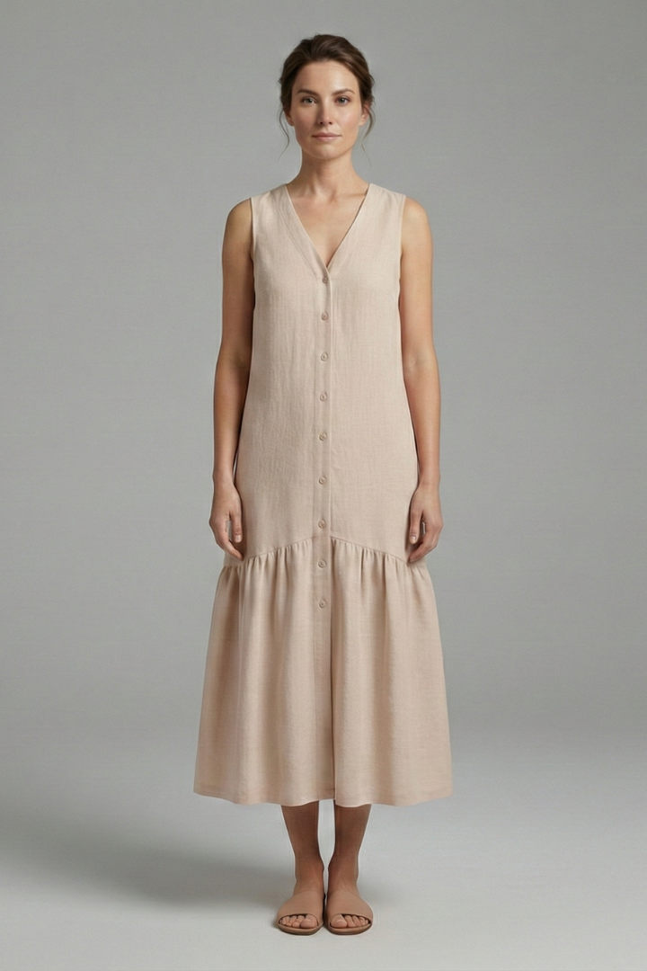 Women's Midi Dress with Button Placket and Relaxed Fit