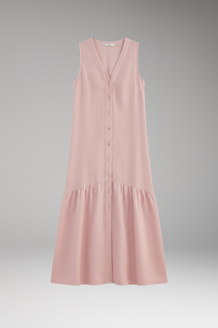 Women's Midi Dress with Button Placket and Relaxed Fit