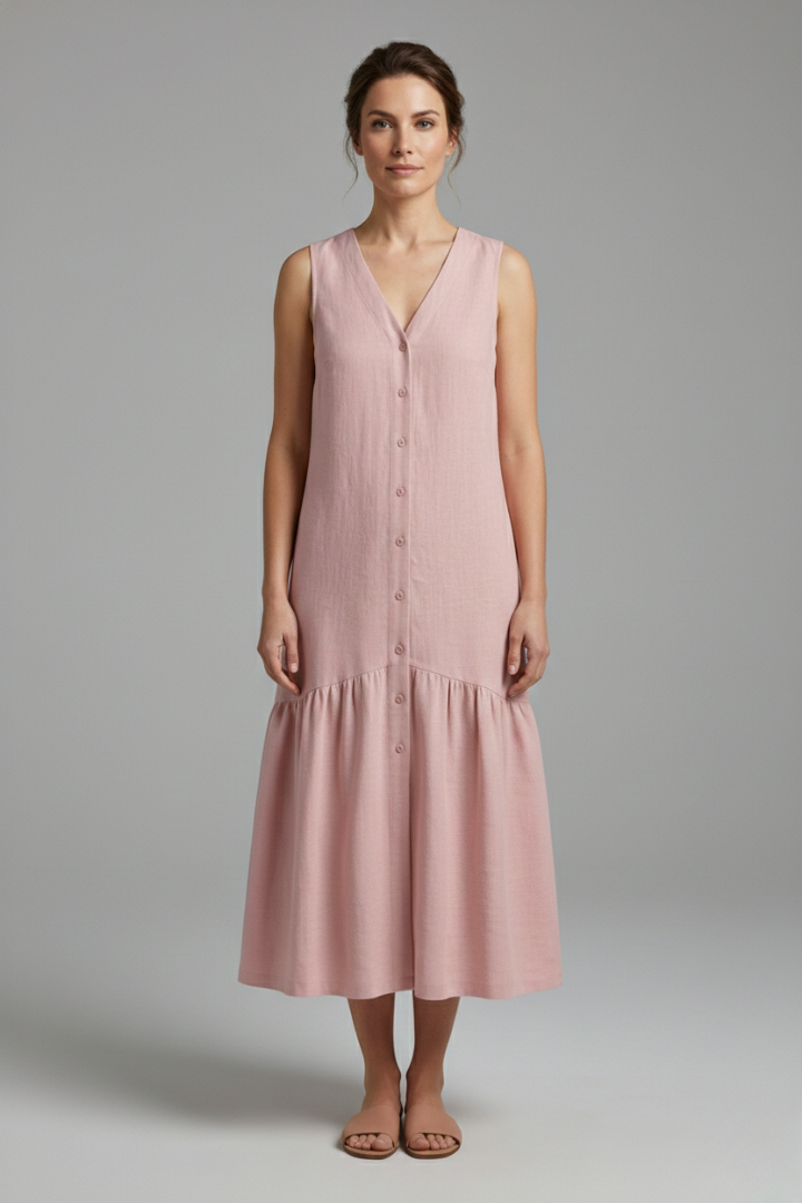Women's Midi Dress with Button Placket and Relaxed Fit