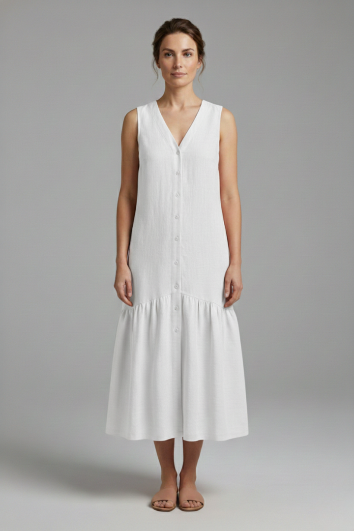 Women's Midi Dress with Button Placket and Relaxed Fit