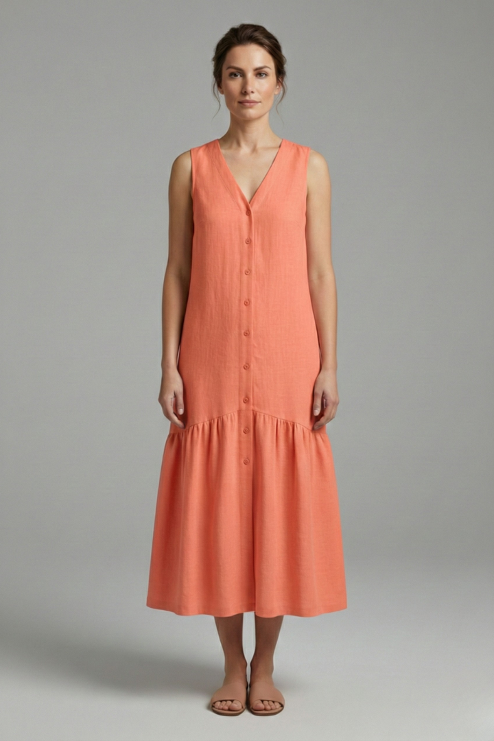 Women's Midi Dress with Button Placket and Relaxed Fit