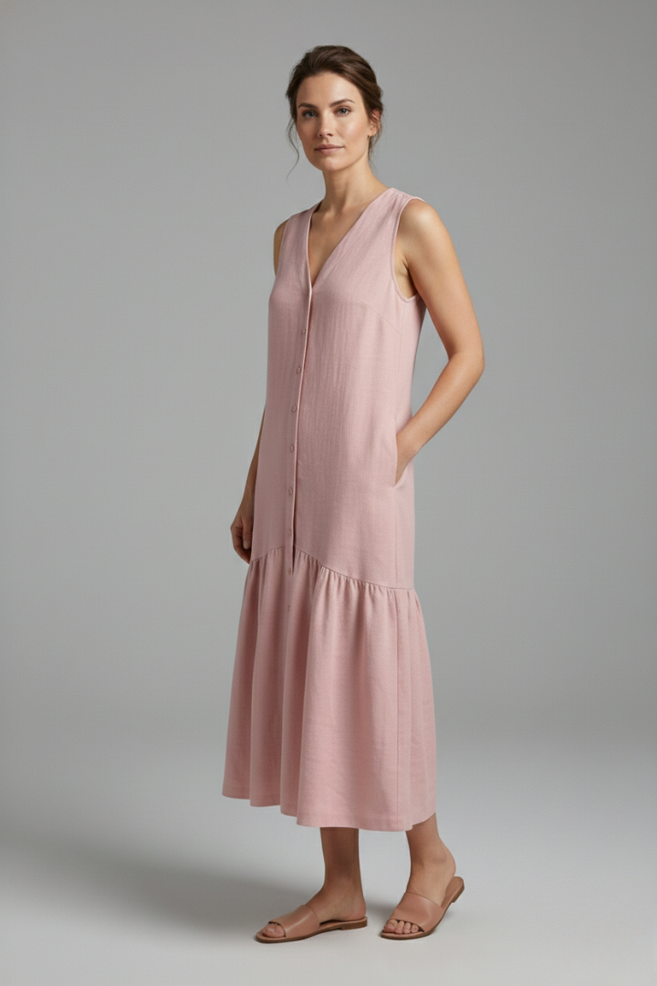 Women's Midi Dress with Button Placket and Relaxed Fit