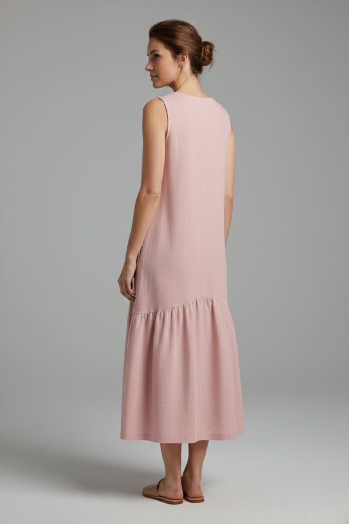 Women's Midi Dress with Button Placket and Relaxed Fit