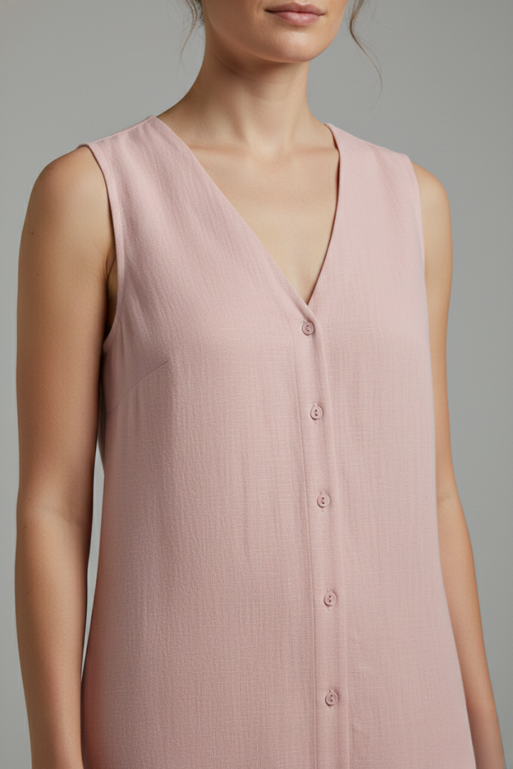 Women's Midi Dress with Button Placket and Relaxed Fit