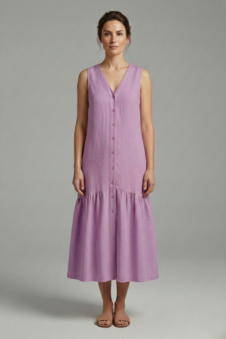 Women's Midi Dress with Button Placket and Relaxed Fit