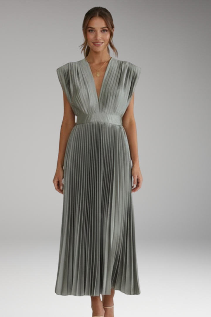 Women's Midi Dress with Cap Sleeve Design and Pleated Skirt