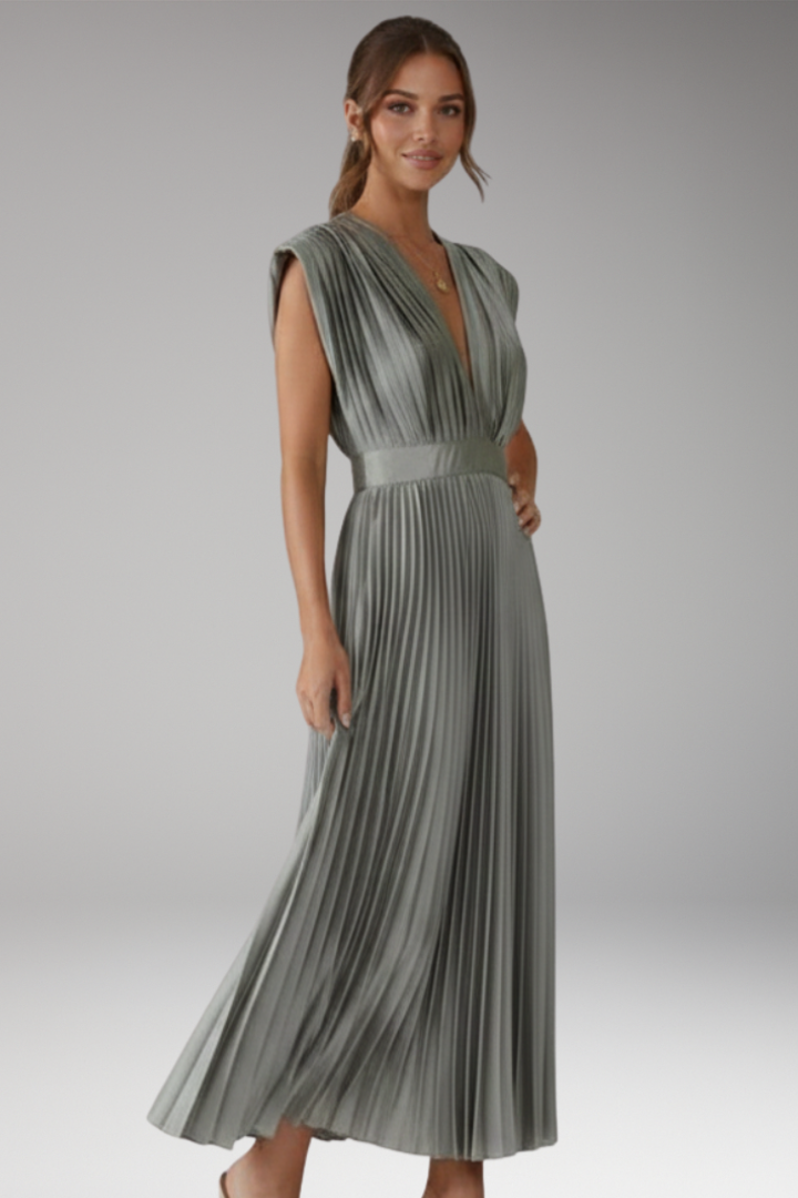 Women's Midi Dress with Cap Sleeve Design and Pleated Skirt