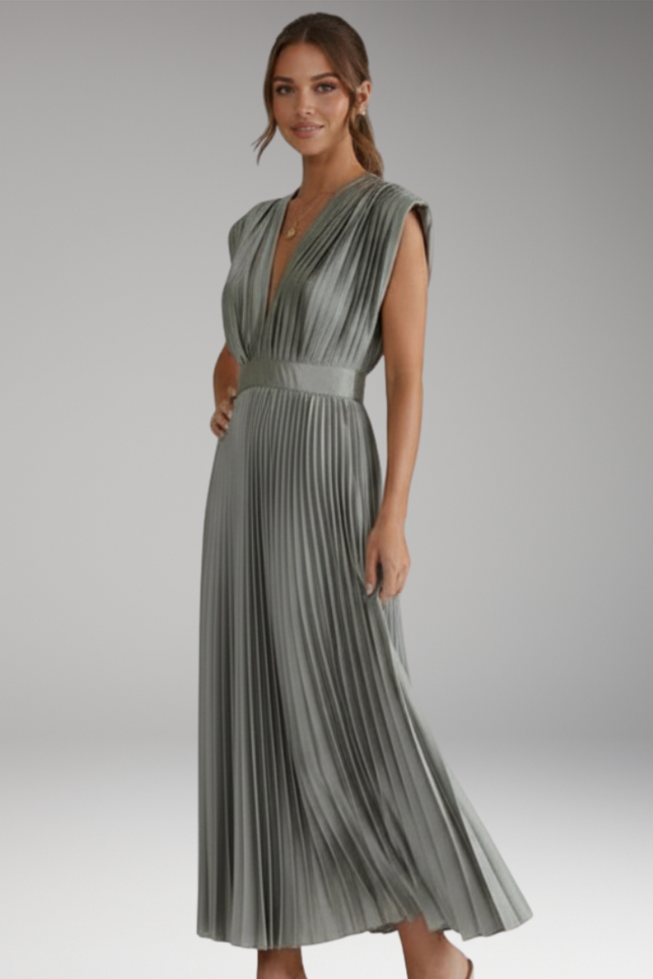 Women's Midi Dress with Cap Sleeve Design and Pleated Skirt
