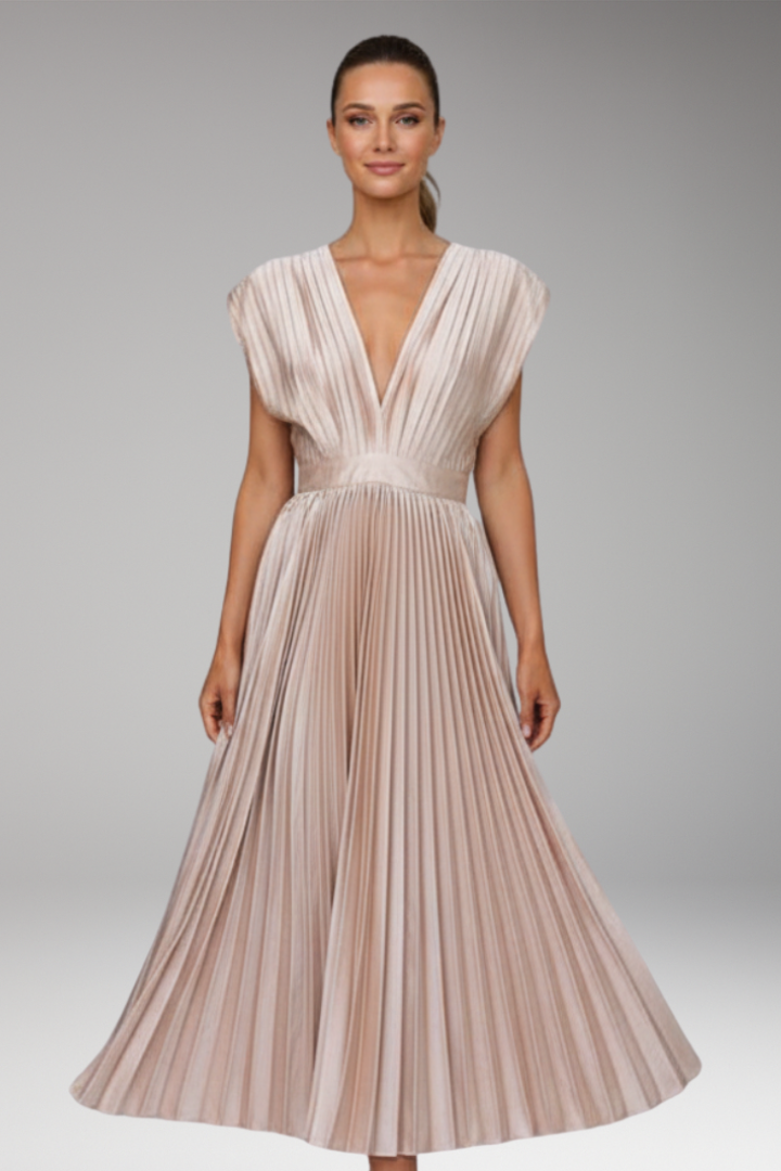 Women's Midi Dress with Cap Sleeve Design and Pleated Skirt