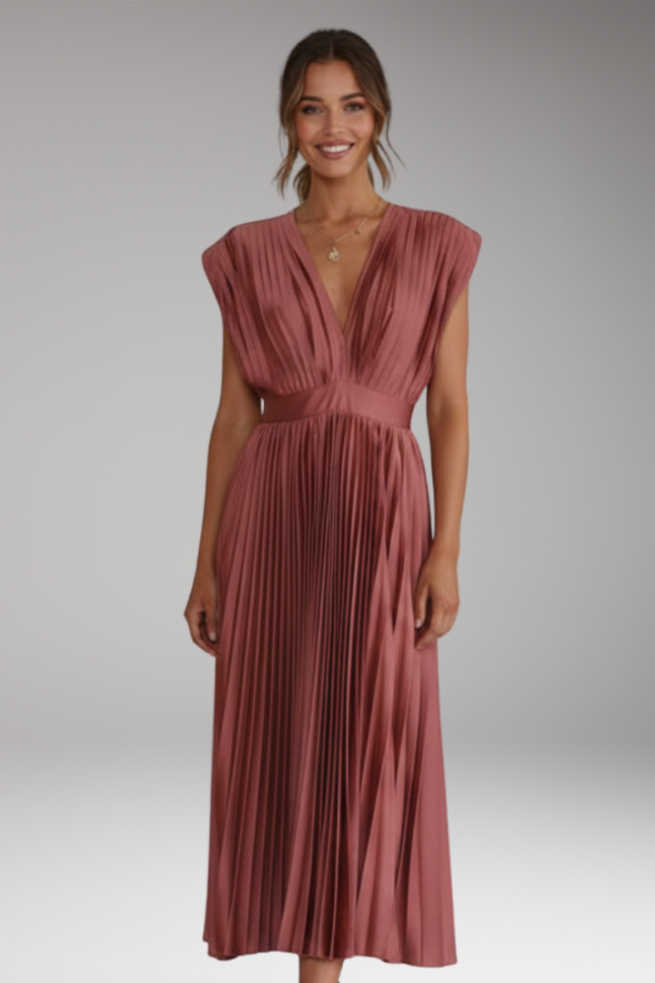 Women's Midi Dress with Cap Sleeve Design and Pleated Skirt