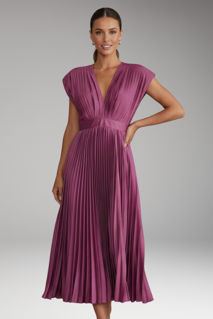 Women's Midi Dress with Cap Sleeve Design and Pleated Skirt