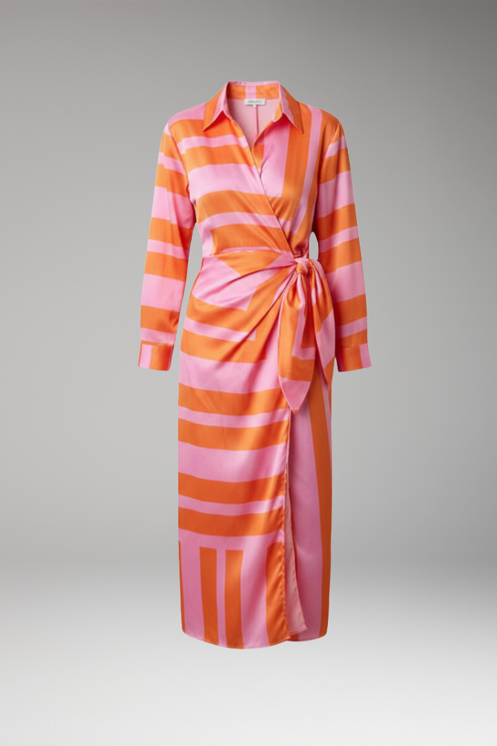Women's Midi Dress with Collar and Wrap Tie