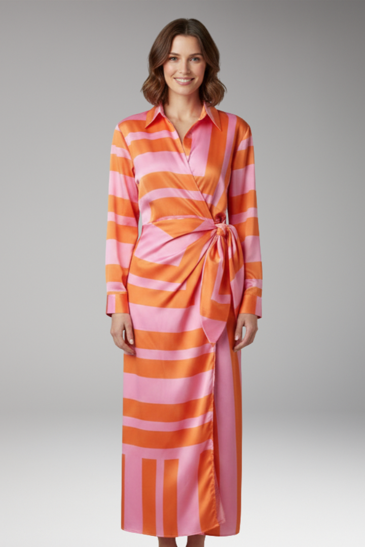 Women's Midi Dress with Collar and Wrap Tie