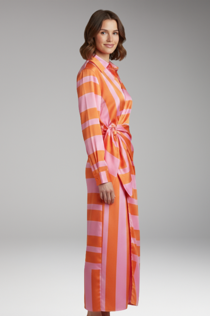 Women's Midi Dress with Collar and Wrap Tie
