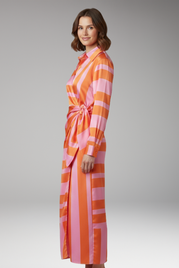 Women's Midi Dress with Collar and Wrap Tie