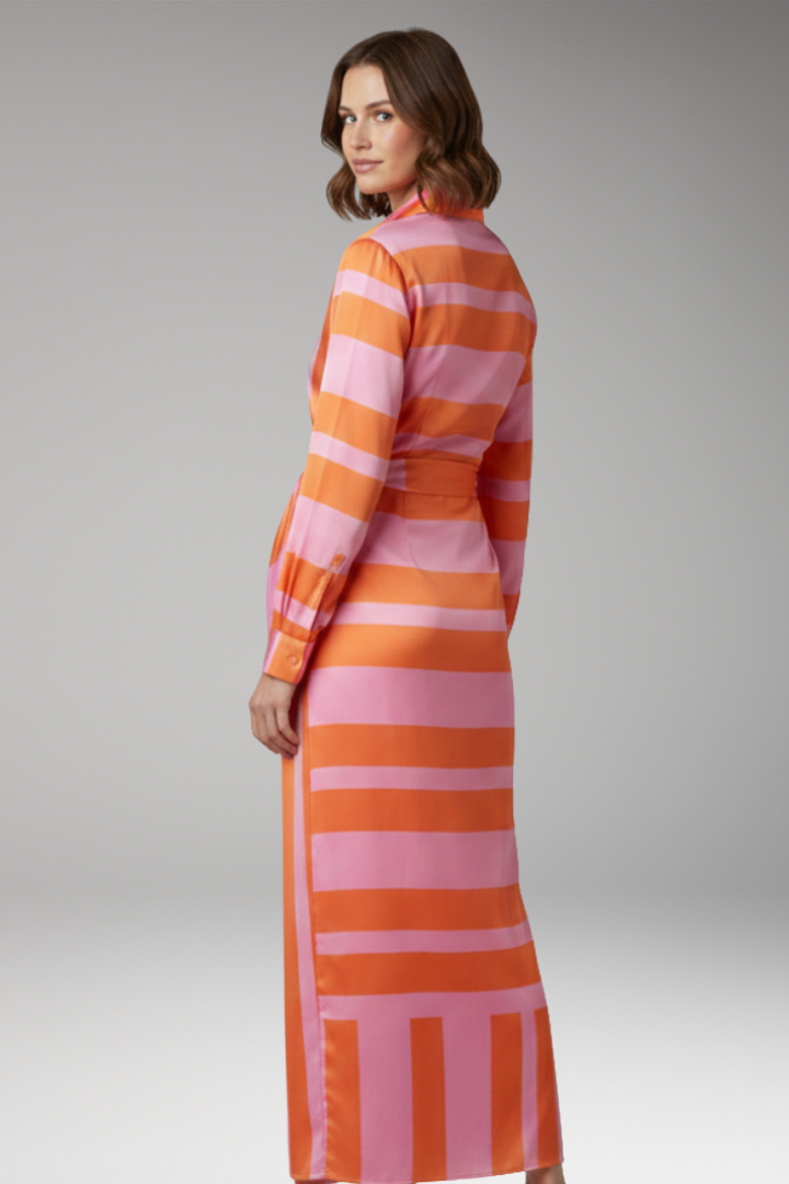 Women's Midi Dress with Collar and Wrap Tie