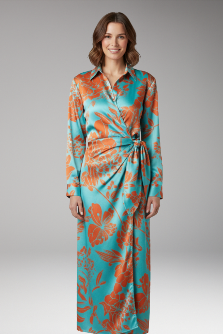 Women's Midi Dress with Collar and Wrap Tie