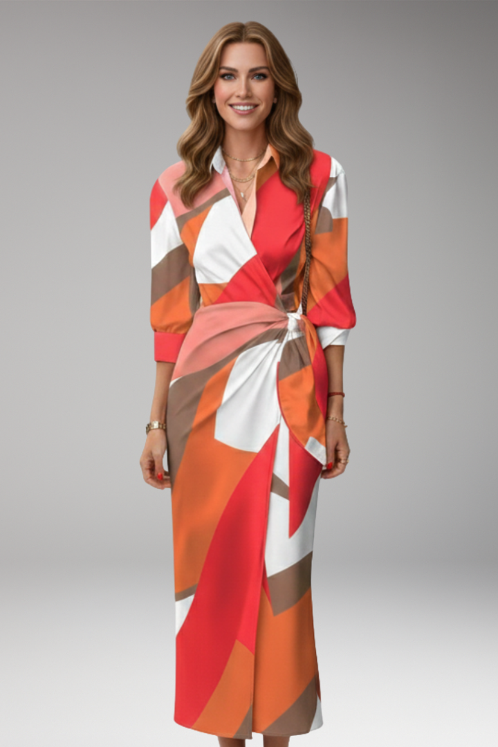 Women's Midi Dress with Collar and Wrap Tie