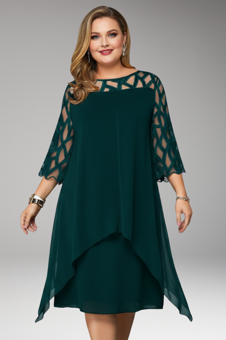 Women's Midi Dress with Cutout Sleeves and Layered Hem