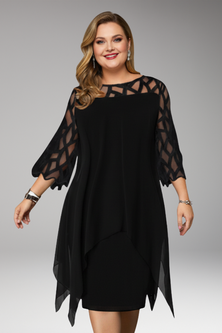 Women's Midi Dress with Cutout Sleeves and Layered Hem