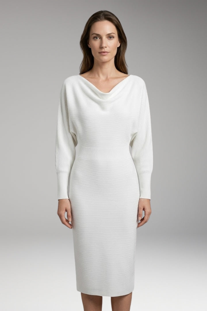 Women’s Midi Dress with Draped Neckline and Long Sleeves