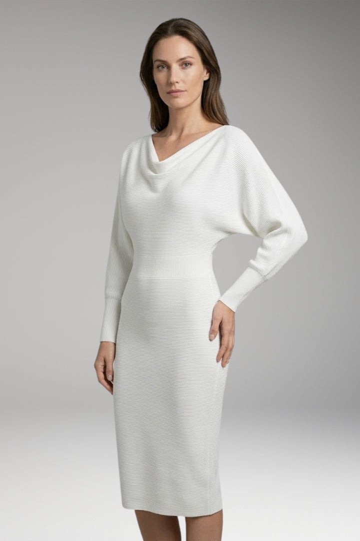 Women’s Midi Dress with Draped Neckline and Long Sleeves