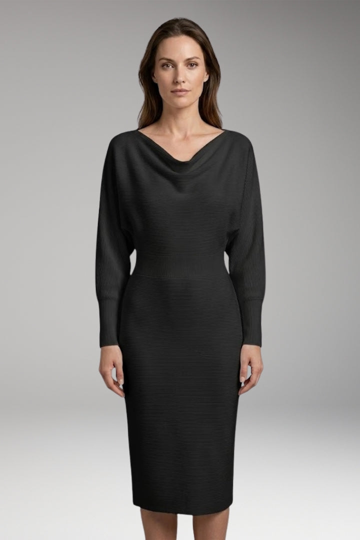 Women’s Midi Dress with Draped Neckline and Long Sleeves